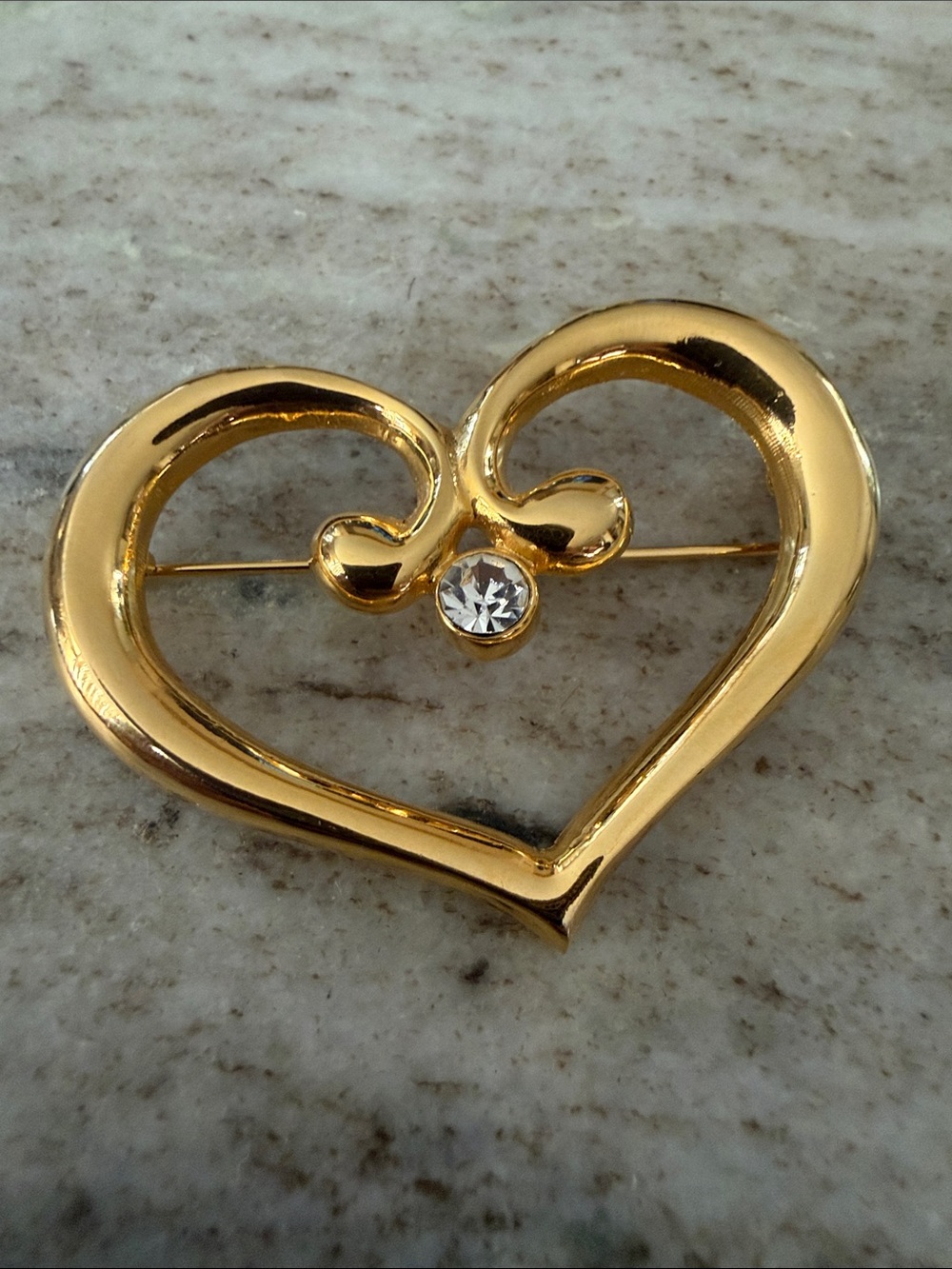 Gold color tone Heart Brooch with Clear Crystal Accent - Women Jewelry